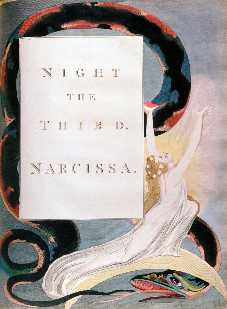 Night the Third Narcissa, tittelside fra Nights of Edward Youngs Night Thoughts, c1797 av William Blake
