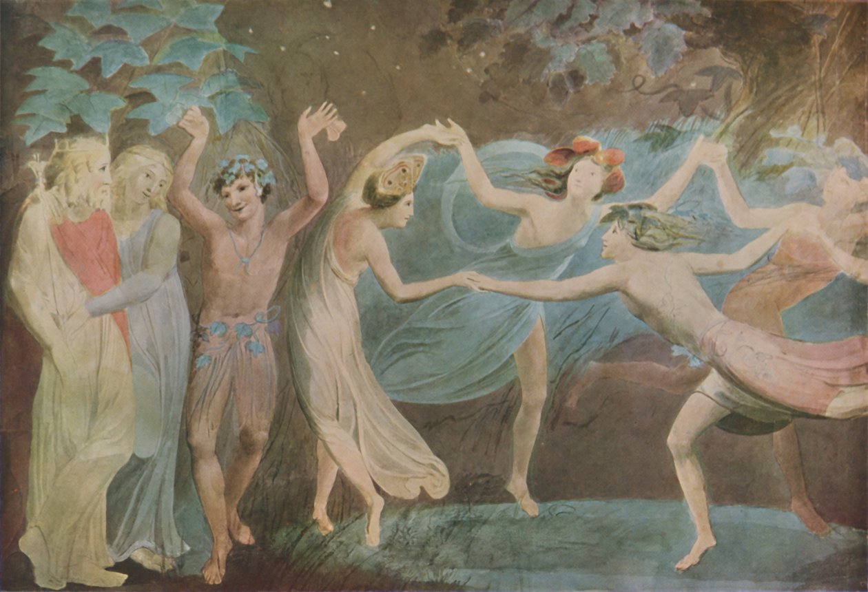 Oberon, Titania og Puck med feer som danser, 1786 av William Blake