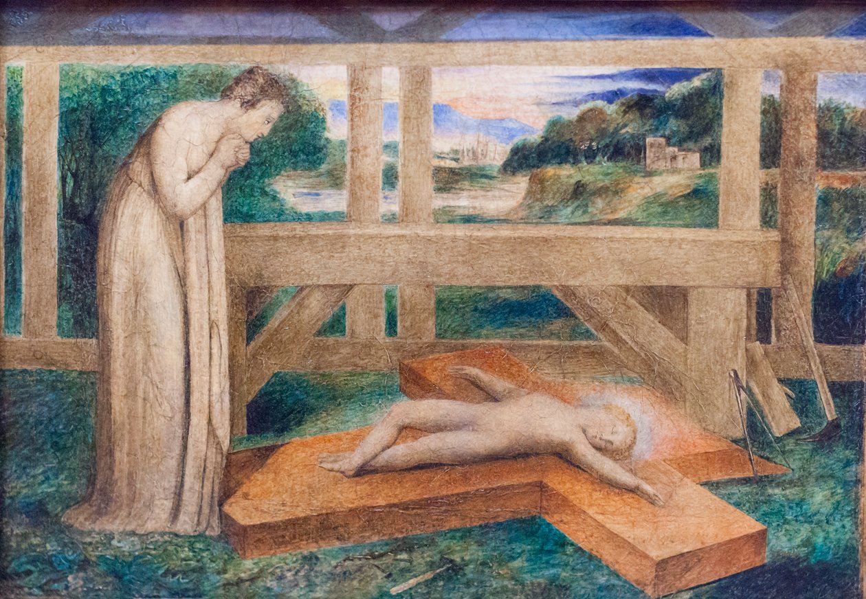 Vår dame som tilber spedbarnet Jesus sover på et kors, ca 1799-1800 (tempera på lerret) av William Blake