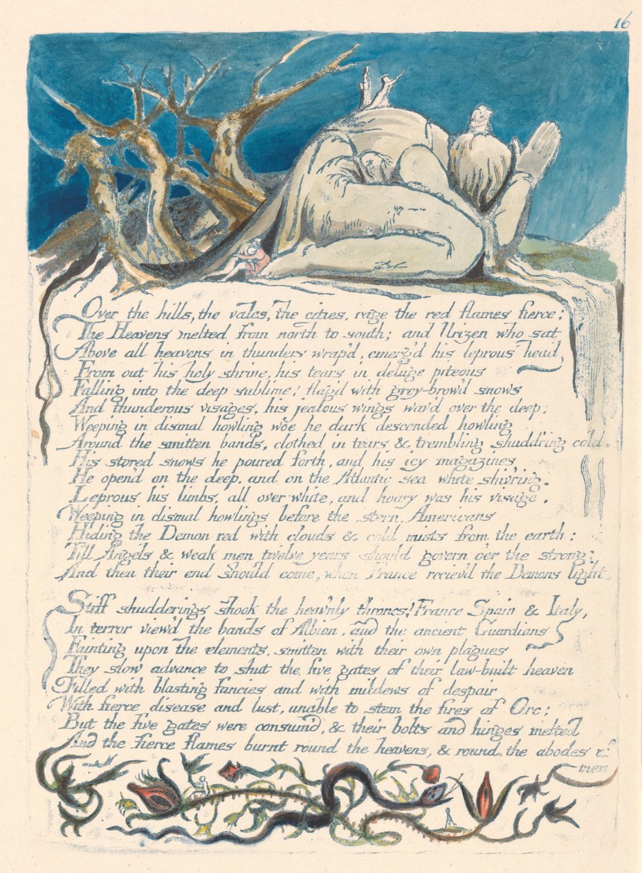 "Über die Hügel, die Täler, die Städte wüten die roten Flammen heftig..." (Platte 18) av William Blake