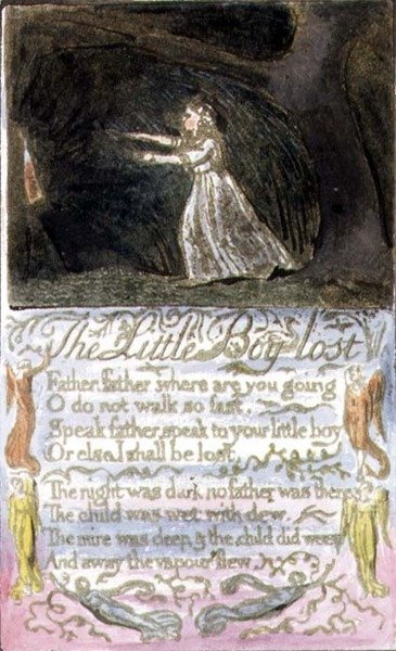 P.124-1950.pt12 The Little Boy Lost: plate 12 fra Songs of Innocence and of Experience (kopi R) c.1802-08 (etsing, blekk og akvarell) av William Blake