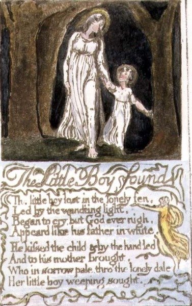 S.124-1950.pt13 Den lille gutten funnet: plate 13 fra Songs of Innocence and of Experience (kopi R) c.1802-08 (etsing, blekk og akvarell) av William Blake