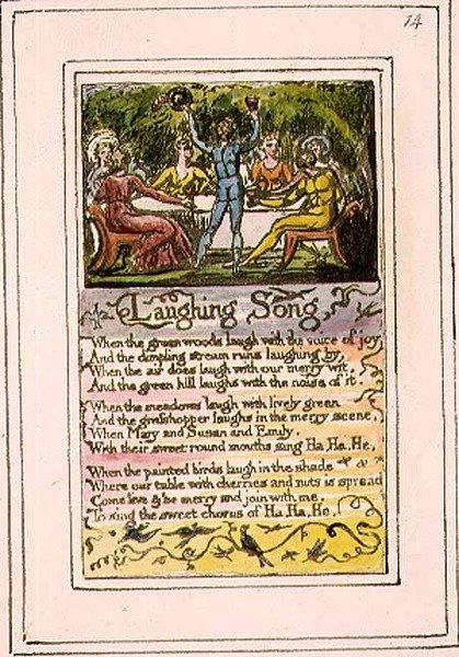 P.124-1950.pt14 Lattersang: plate 14 fra Songs of Innocence and of Experience (kopi R) c.1802-08 (etsing, blekk og akvarell) av William Blake
