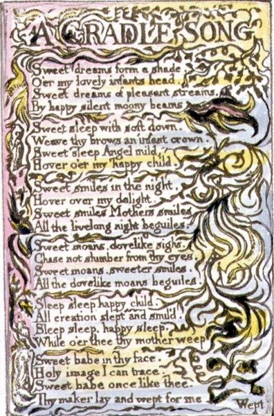 P.124-1950.pt15 A Cradle Song: plate 15 fra Songs of Innocence and of Experience (kopi R) c.1802-08 (etsing, blekk og akvarell) av William Blake