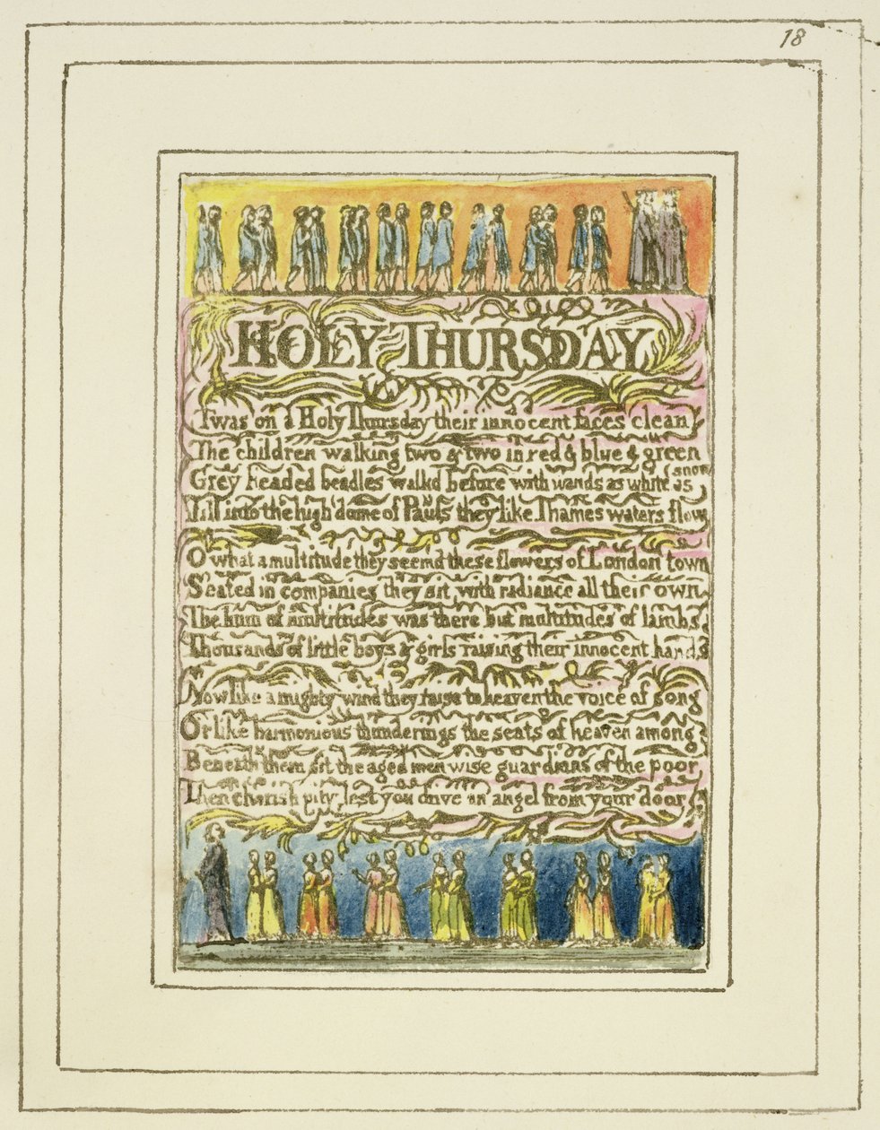 P.124-1950.pt18 Hellige torsdag: plate 18 fra Songs of Innocence and of Experience (kopi R) c.1802-08 (etsing, blekk og wc) av William Blake