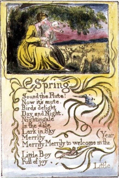 P.124-1950.pt22 Spring: plate 22 from Songs of Innocence and of Experience (kopi R) c.1802-08 (etsing, blekk og akvarell) av William Blake