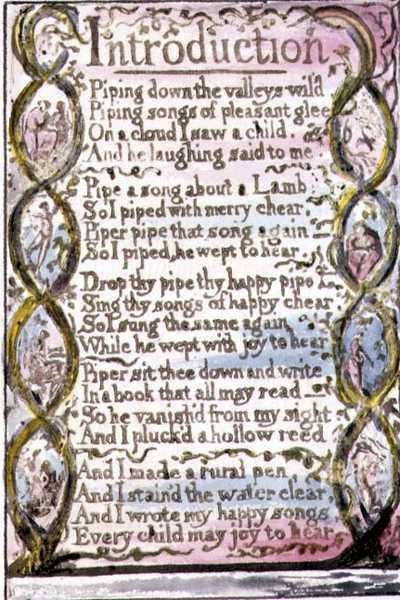 P.124-1950.pt3 Introduksjon: plate 3 fra Songs of Innocence and of Experience (kopi R) c.1802-08 (etsing, blekk og akvarell) av William Blake