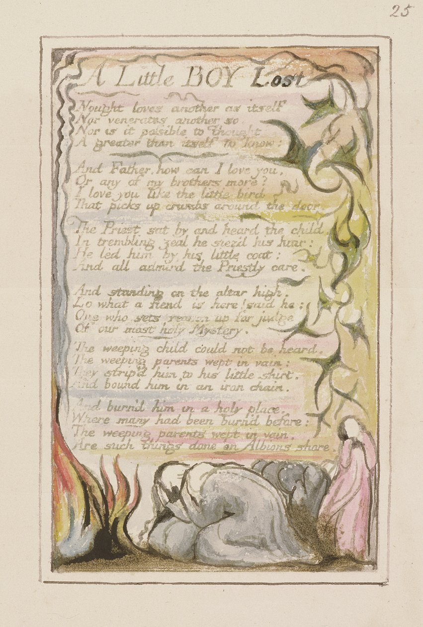 P.124-1950.pt53 A Little Boy Lost: plate 53 fra Songs of Innocence and of Experience (kopi R) c.1802-08 (etsing, blekk og wc) av William Blake