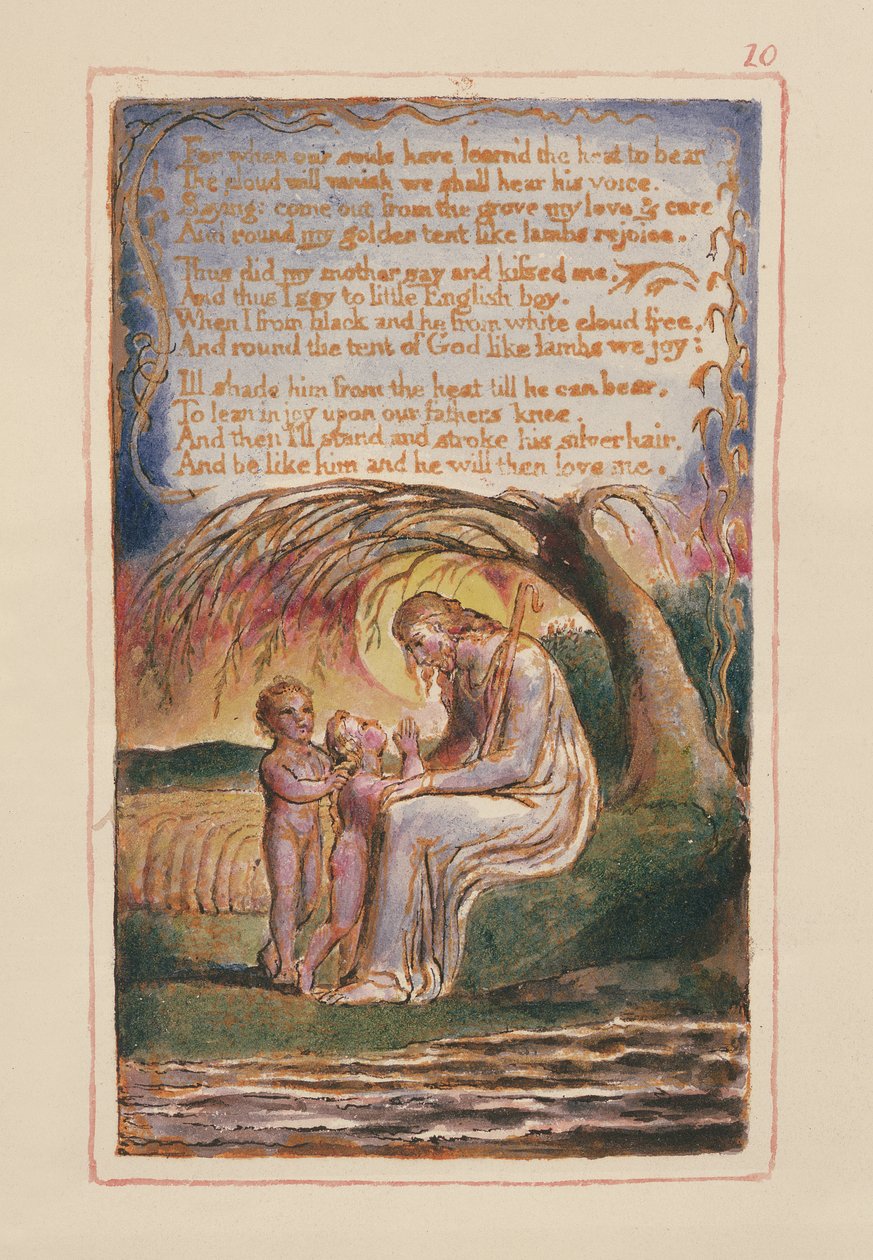 S.125-1950.pt10 The Little Black Boy (forts.): plate 10 fra Songs of Innocence and of Experience (kopi AA) c.1815-26 (etsing, blekk og wc) av William Blake