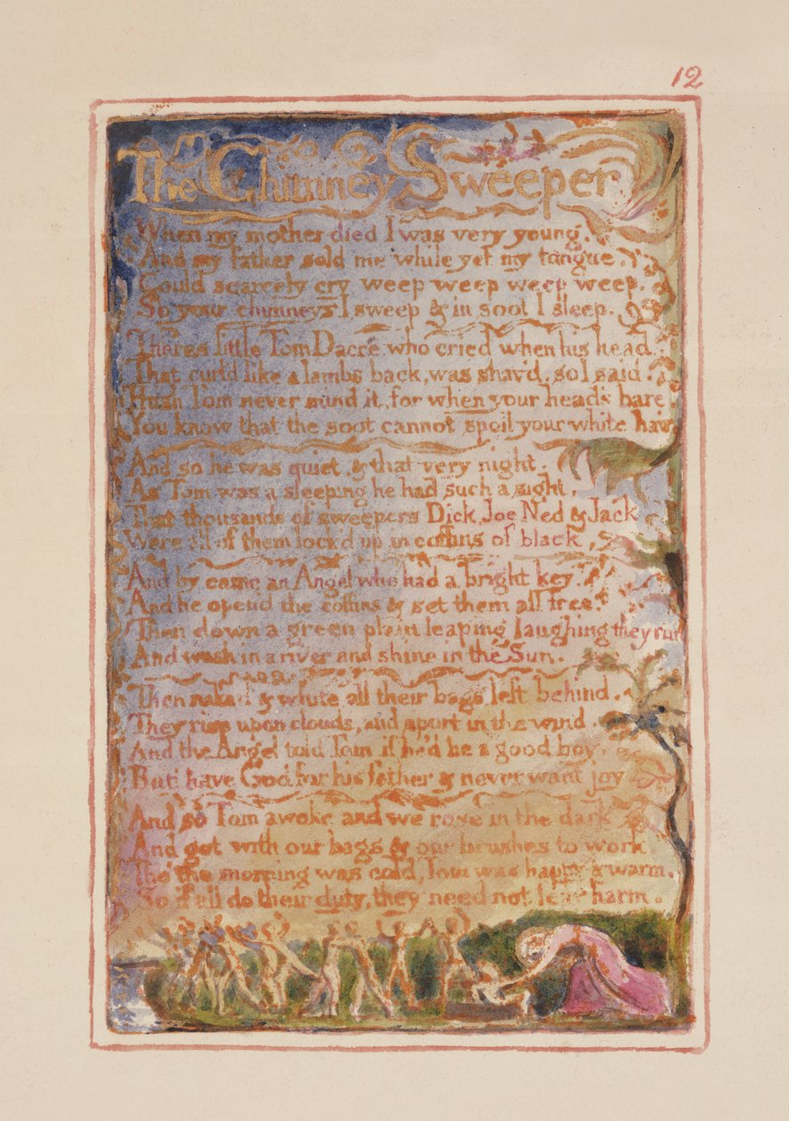 P.125-1950.pt12 Skorsteinsfeieren: plate 12 fra Songs of Innocence and of Experience (kopi AA) ca. 1815-26 (etsing, blekk og wc) av William Blake