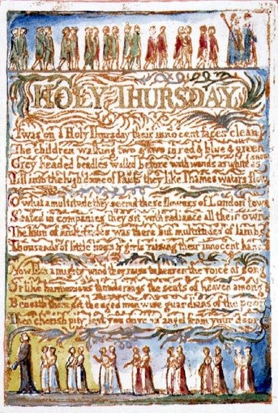 P.125-1950.pt19 Hellige torsdag: plate 19 fra Songs of Innocence and of Experience (kopi AA) c.1815-26 (etsing, blekk og akvarell) av William Blake