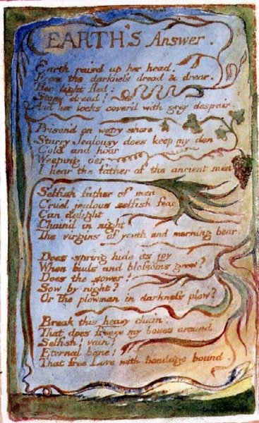 P.125-1950.pt31 Jordens svar: plate 31 fra Songs of Innocence and of Experience (kopi AA) c.1815-26 (etsing, blekk og akvarell) av William Blake