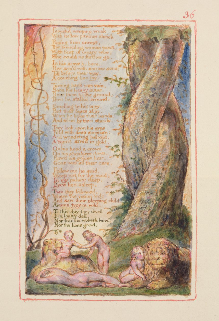 S.125-1950.pt36 Den lille jenta funnet (forts.): plate 36 fra Songs of Innocence and of Experience (kopi AA) c.1815-26 (etsing, blekk og wc) av William Blake
