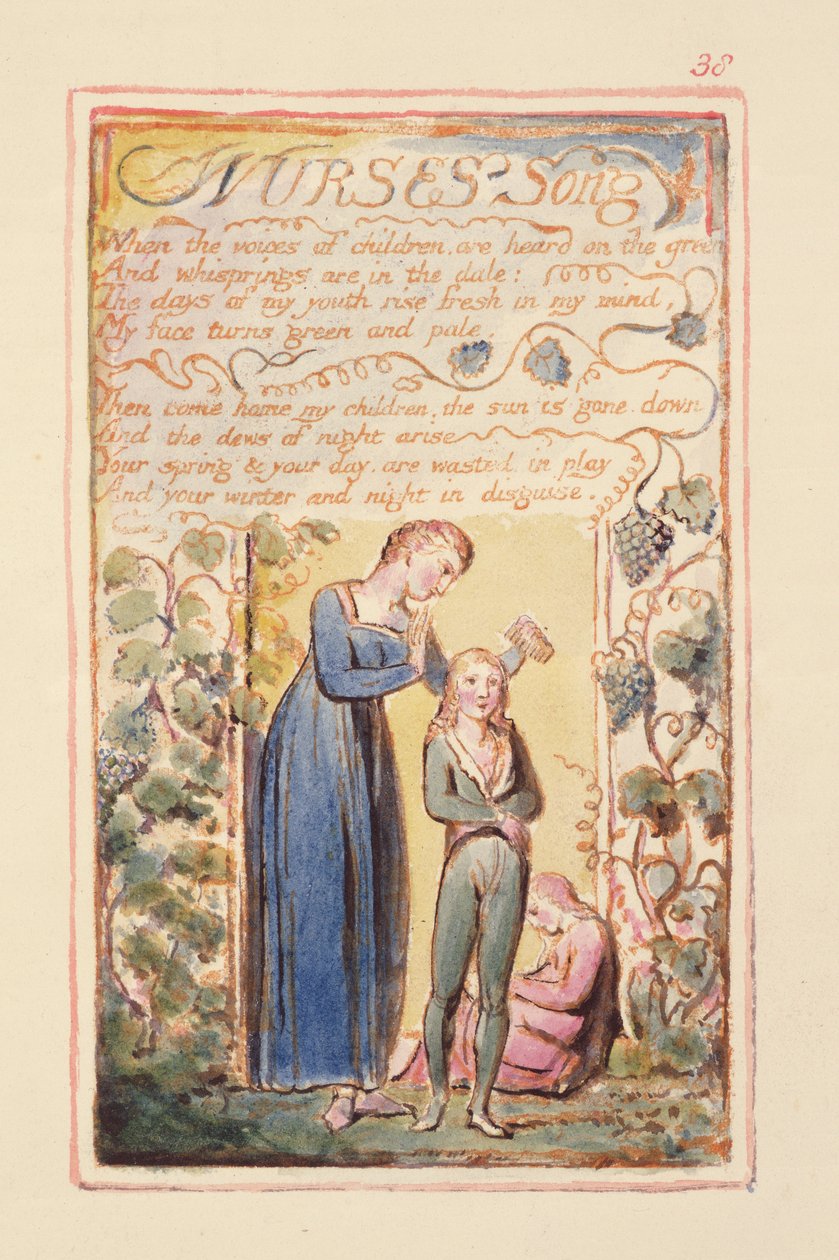 P.125-1950.pt38 Nurses Song: plate 38 fra Songs of Innocence and of Experience (kopi AA) c.1815-26 (etsing, blekk og wc) av William Blake
