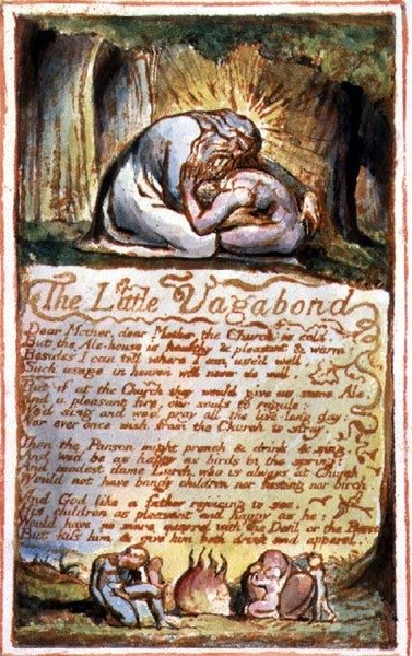 S.125-1950.pt45 The Little Vagabond: plate 45 fra Songs of Innocence and of Experience (kopi AA) c.1815-26 (etsing, blekk og akvarell) av William Blake