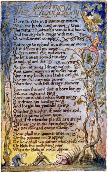S.125-1950.pt53 Skolegutten: plate 53 fra Songs of Innocence and of Experience (kopi AA) c.1815-26 (etsing, blekk og akvarell) av William Blake