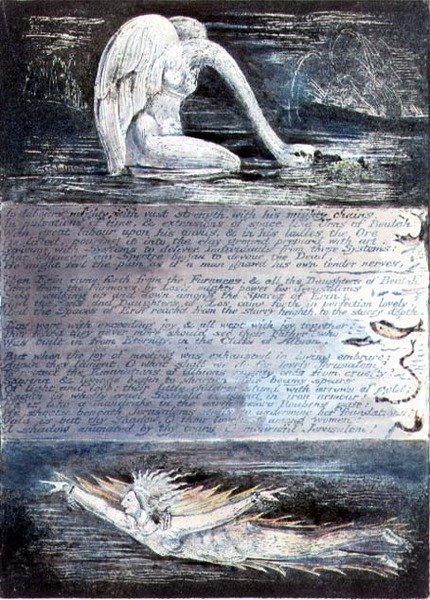 Plate II, Jerusalem, ca. 1804-20. Døtrene til Albion representert av svanelignende og fiskelignende skapninger av William Blake