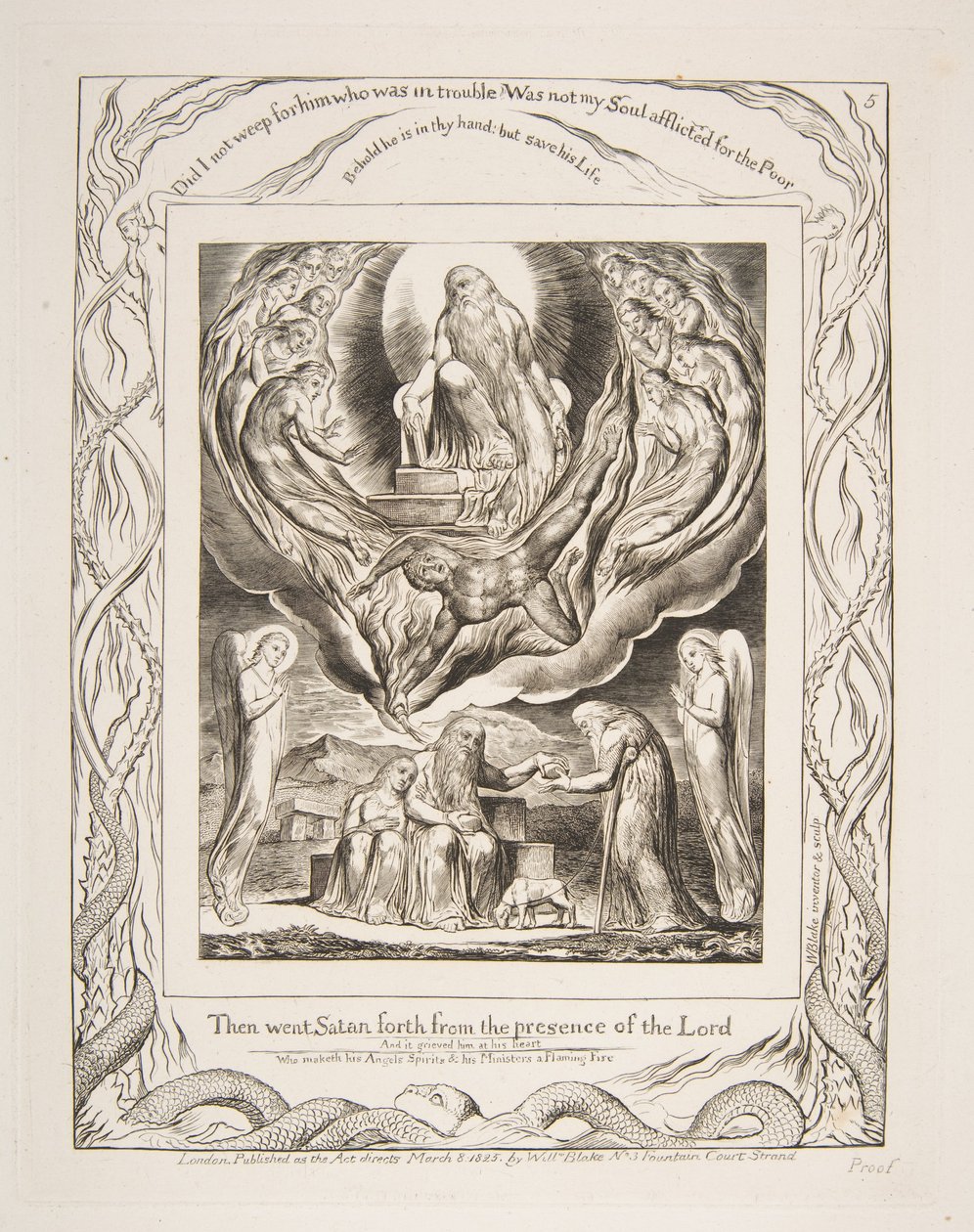 Satan går ut fra Herrens nærvær, fra illustrasjoner av Jobs bok, 1825-26. av William Blake