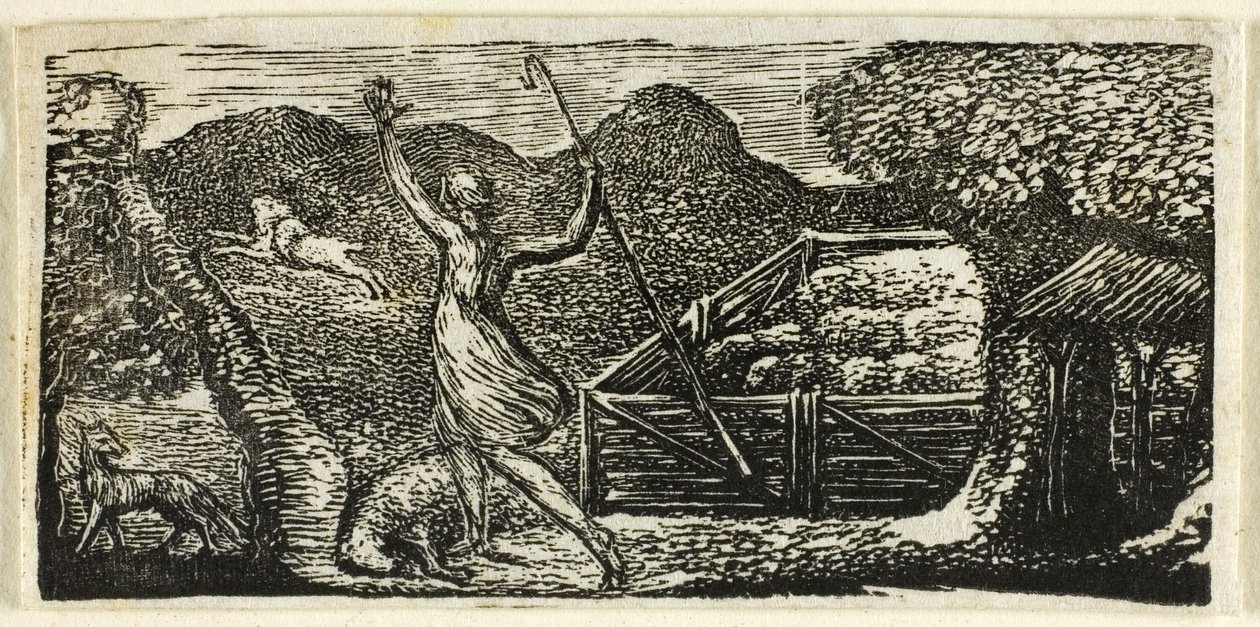 Shepherd Chases Away Wolf, fra The Pastorals of Virgil av William Blake