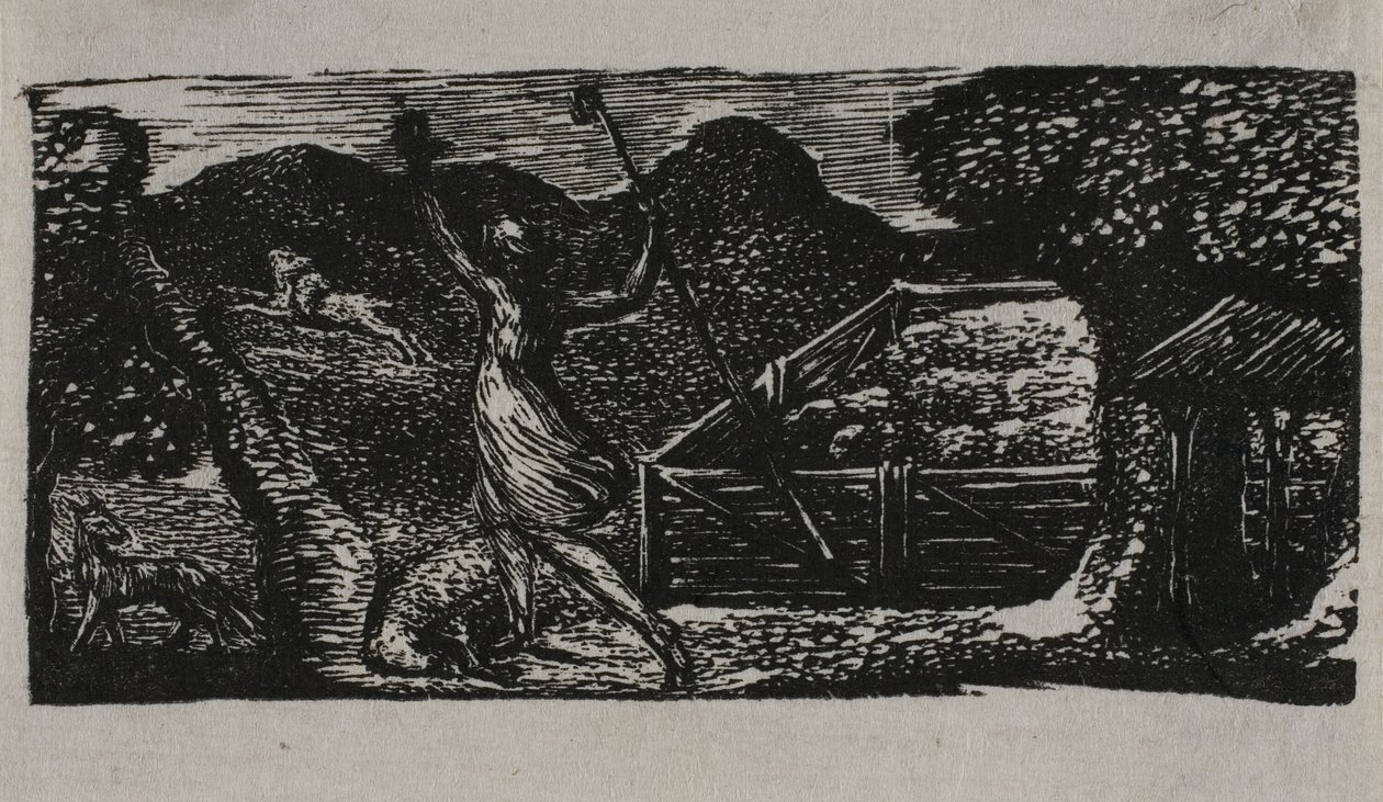 Shepherd Chases Away Wolf, fra The Pastorals of Virgil av William Blake