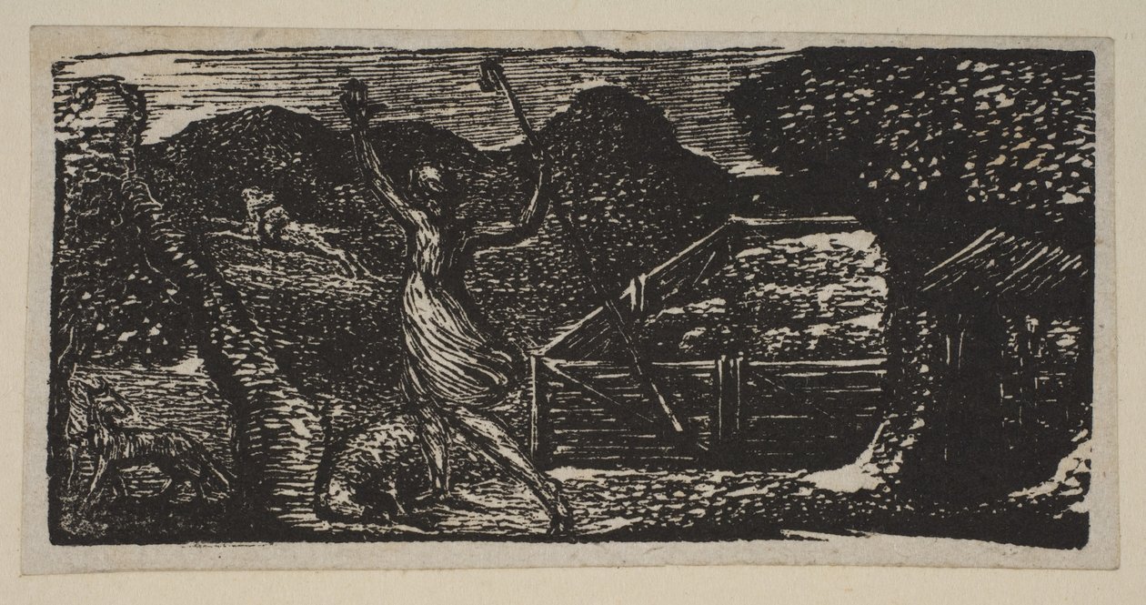 Shepherd Chases Away a Wolf, fra Thorntons Pastorals of Virgil, 1821. av William Blake