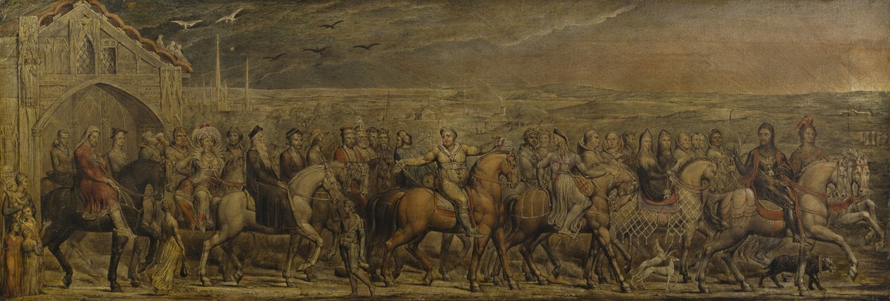 Sir Jeffrey Chaucer (ca. 1342-1400) og de ni og tjue pilegrimene på deres reise til Canterbury (tempera på lerret) av William Blake