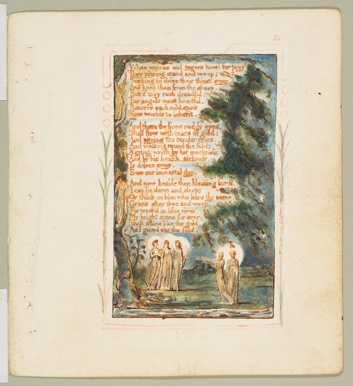 Songs of Innocence and of Experience: Night second plate: When wolves and tygers how..., ca. 1825. av William Blake