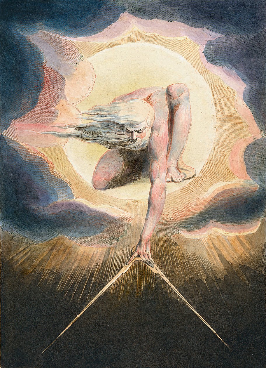 Dagenes gamle - Urizen måler ut den materielle verden - Urizen måler den materielle verden. Illustrasjon av forsiden av boken "" Europa. Til profetier." Tegning av William Blake (1757-1827) av William Blake