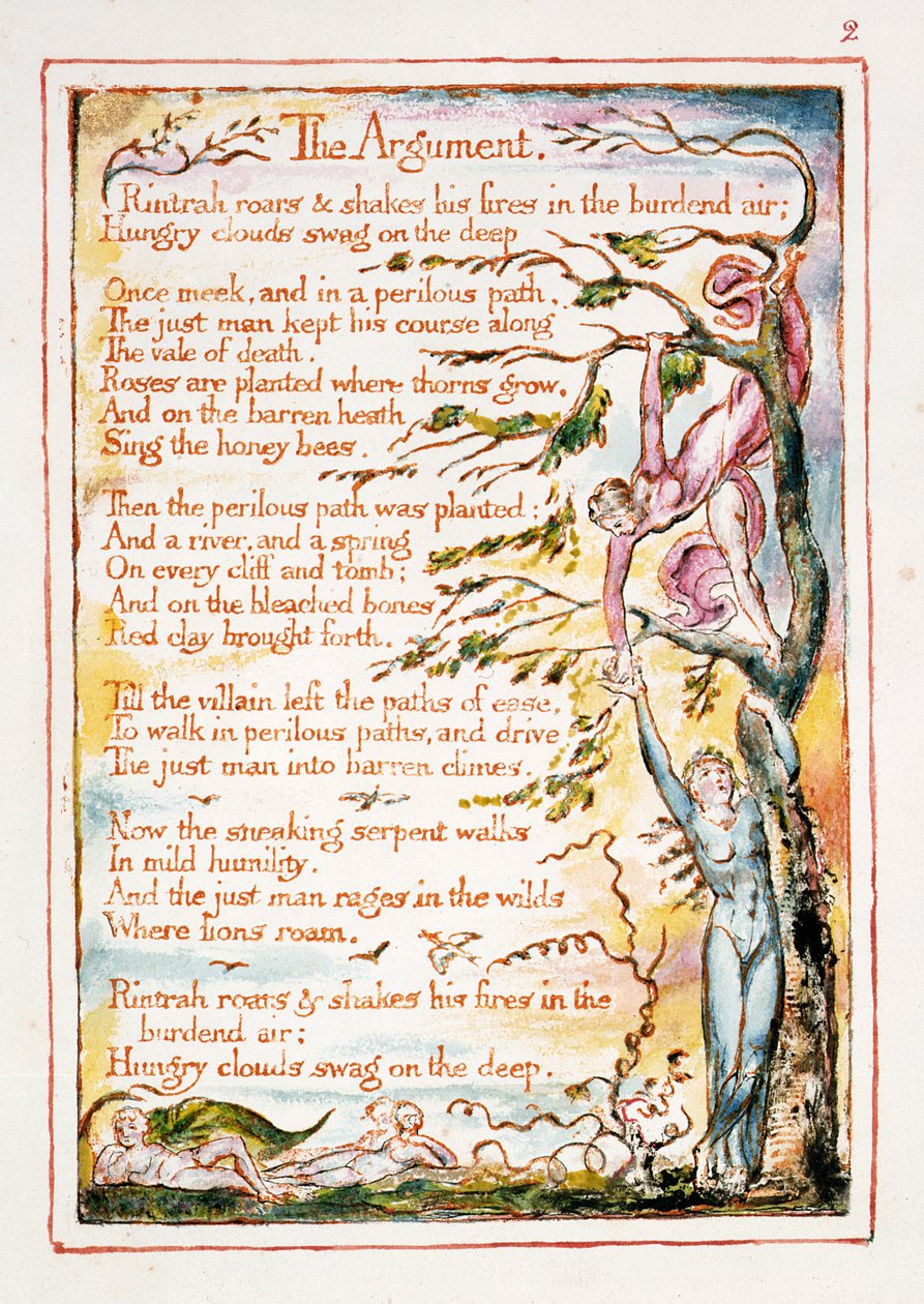 Argumentet, illustrasjonen og teksten fra 'The Marriage of Heaven and Hell', ca. 1790-3 (relieff-etsing ferdig med penn og wc) av William Blake