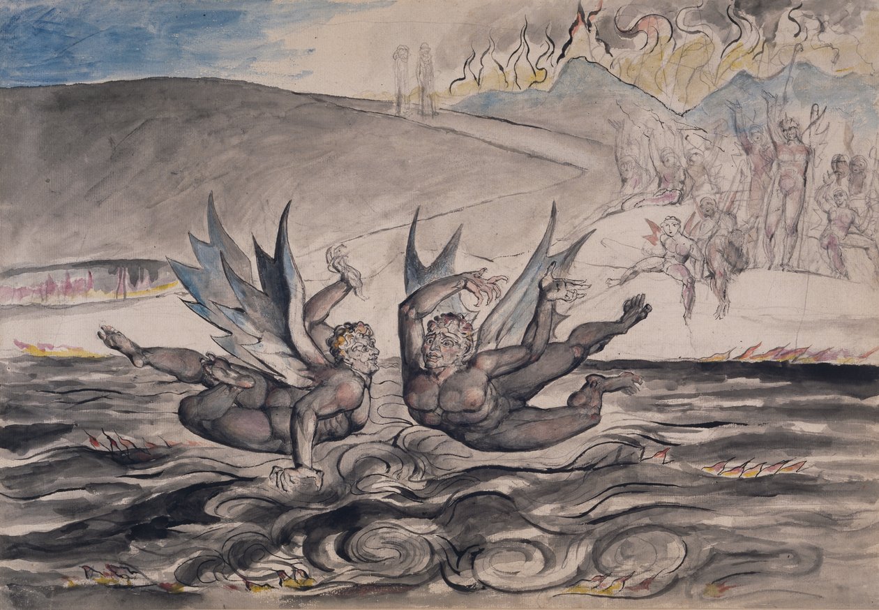 The Baffled Devils Fighting, illustrasjon fra "Inferno" av "The Divine Comedy" av Dante Alighieri av William Blake