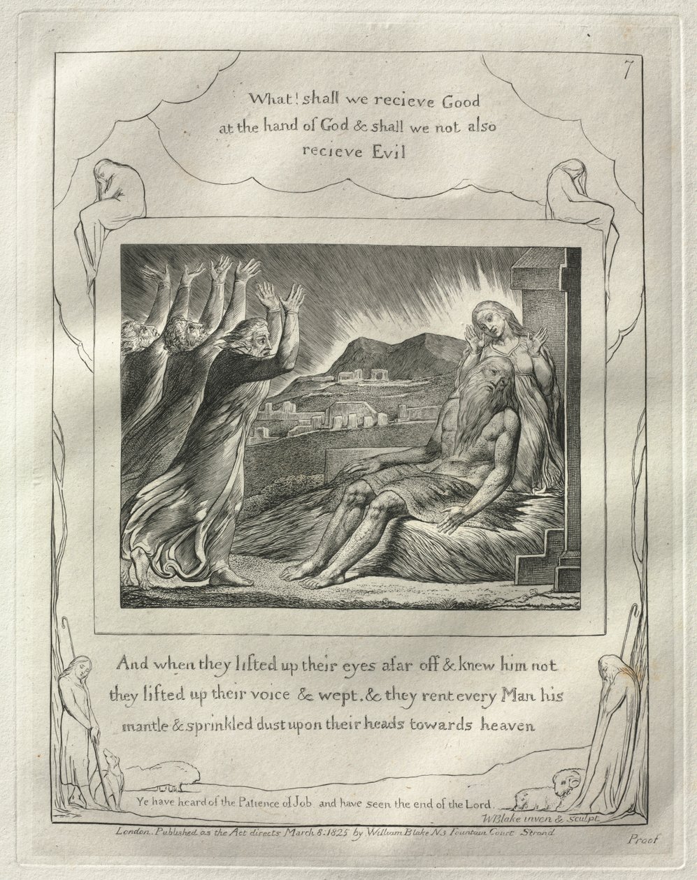 Jobs bok: nr. 7, Og da de hadde løftet øynene langt borte og kjente ham ikke..., 1825. av William Blake