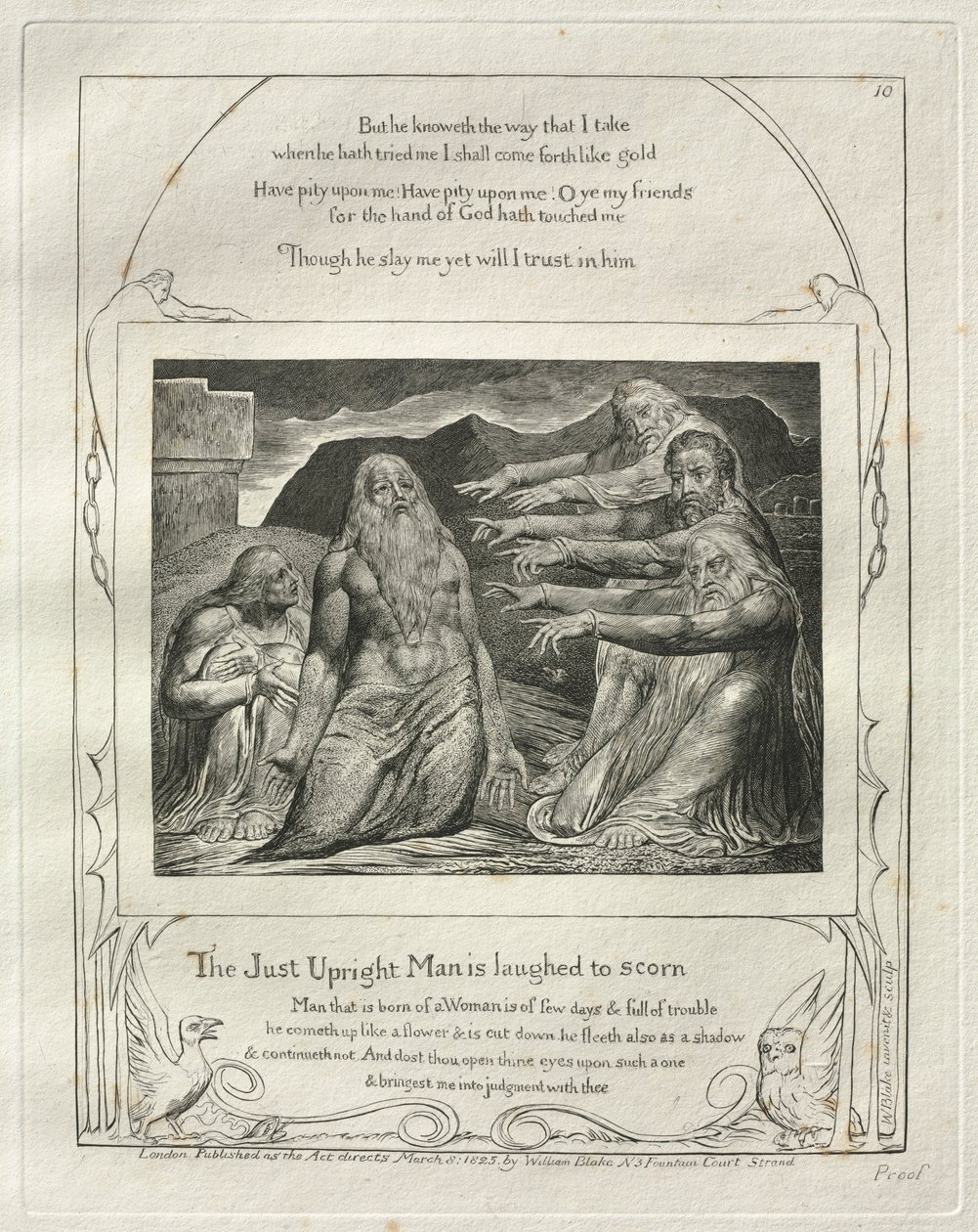 Jobs bok: Pl. 10, Den rettferdige mannen blir latterliggjort, 1825. av William Blake