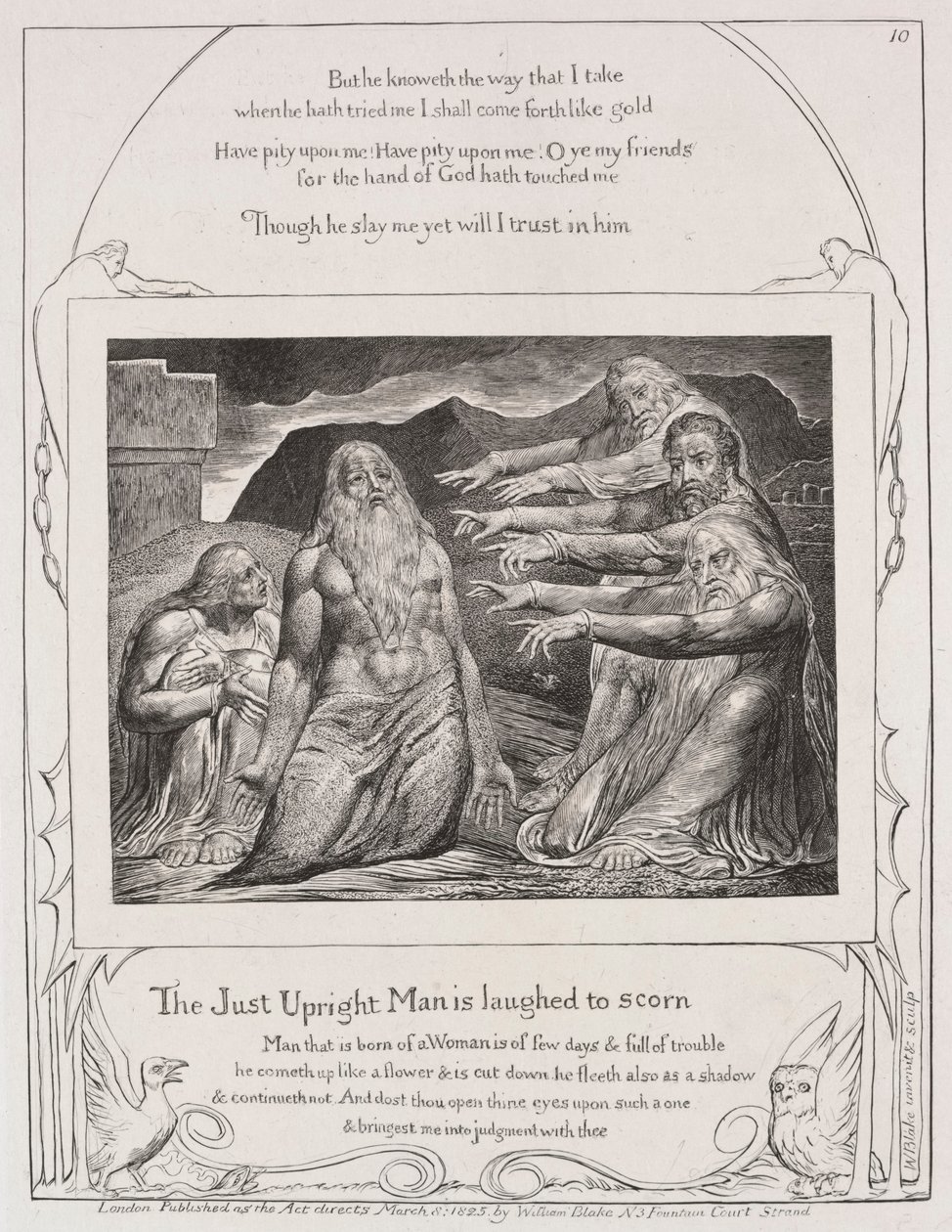 Jobs bok: Pl. 10, Den rettferdige mann blir latterliggjort, 1825. av William Blake