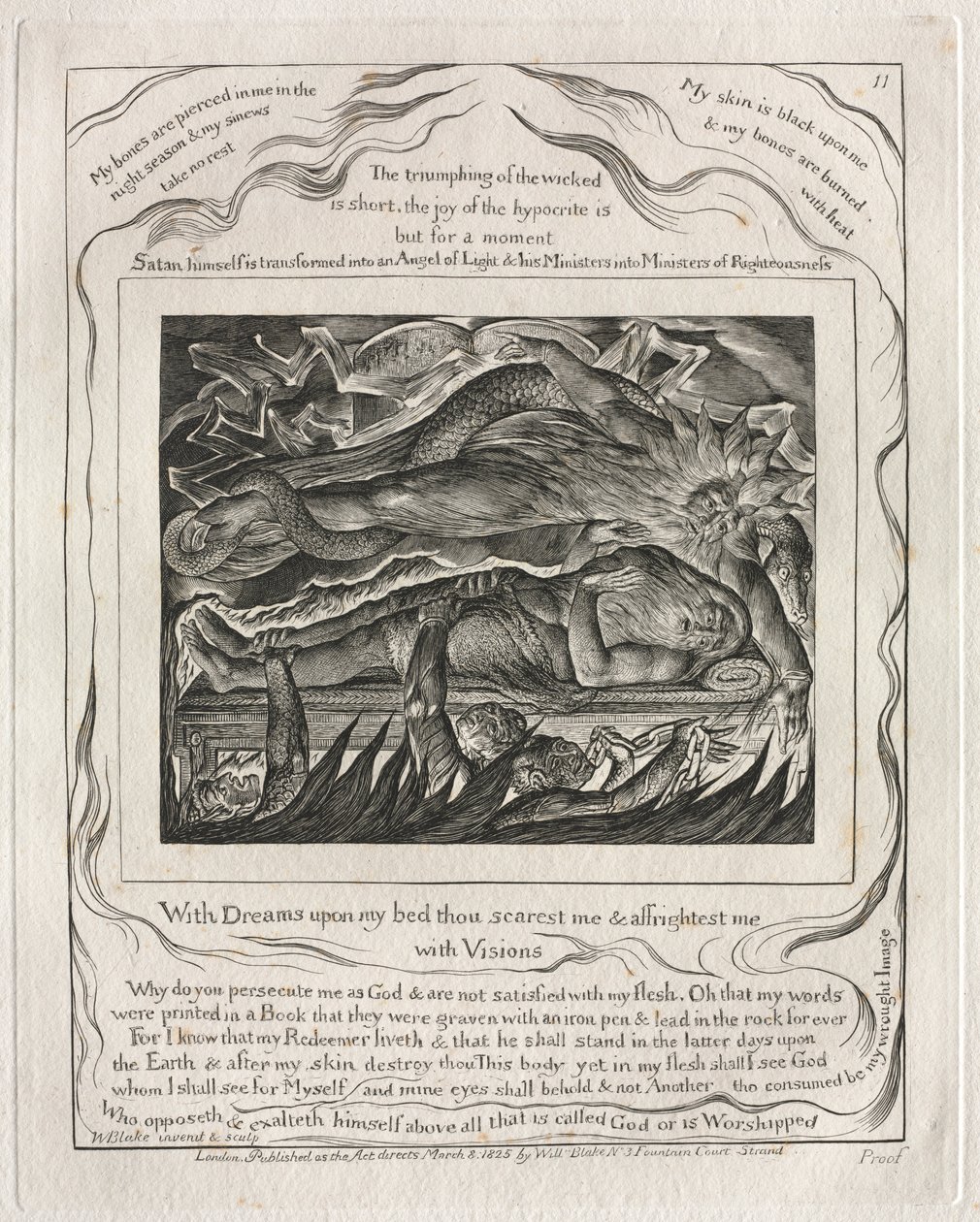 Jobs bok: Pl. 11, Med drømmer på sengen min skremmer du meg og skremmer meg..., 1825. av William Blake