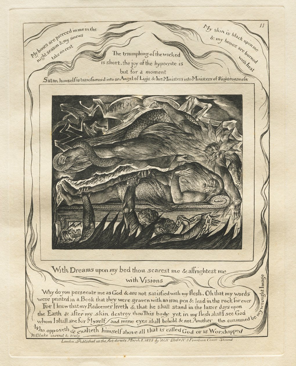 Jobs bok: Pl. 11, Med drømmer på sengen min skremmer du meg og skremmer meg..., 1825. av William Blake