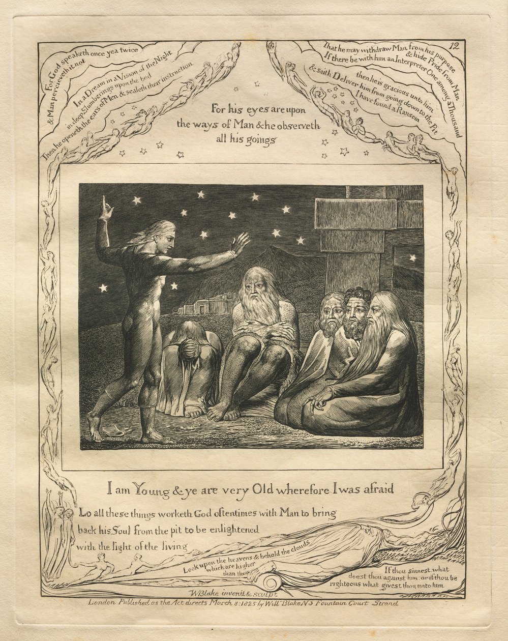 Jobs bok: Pl. 12, Jeg er ung og dere er veldig gamle, derfor var jeg redd, 1825. av William Blake