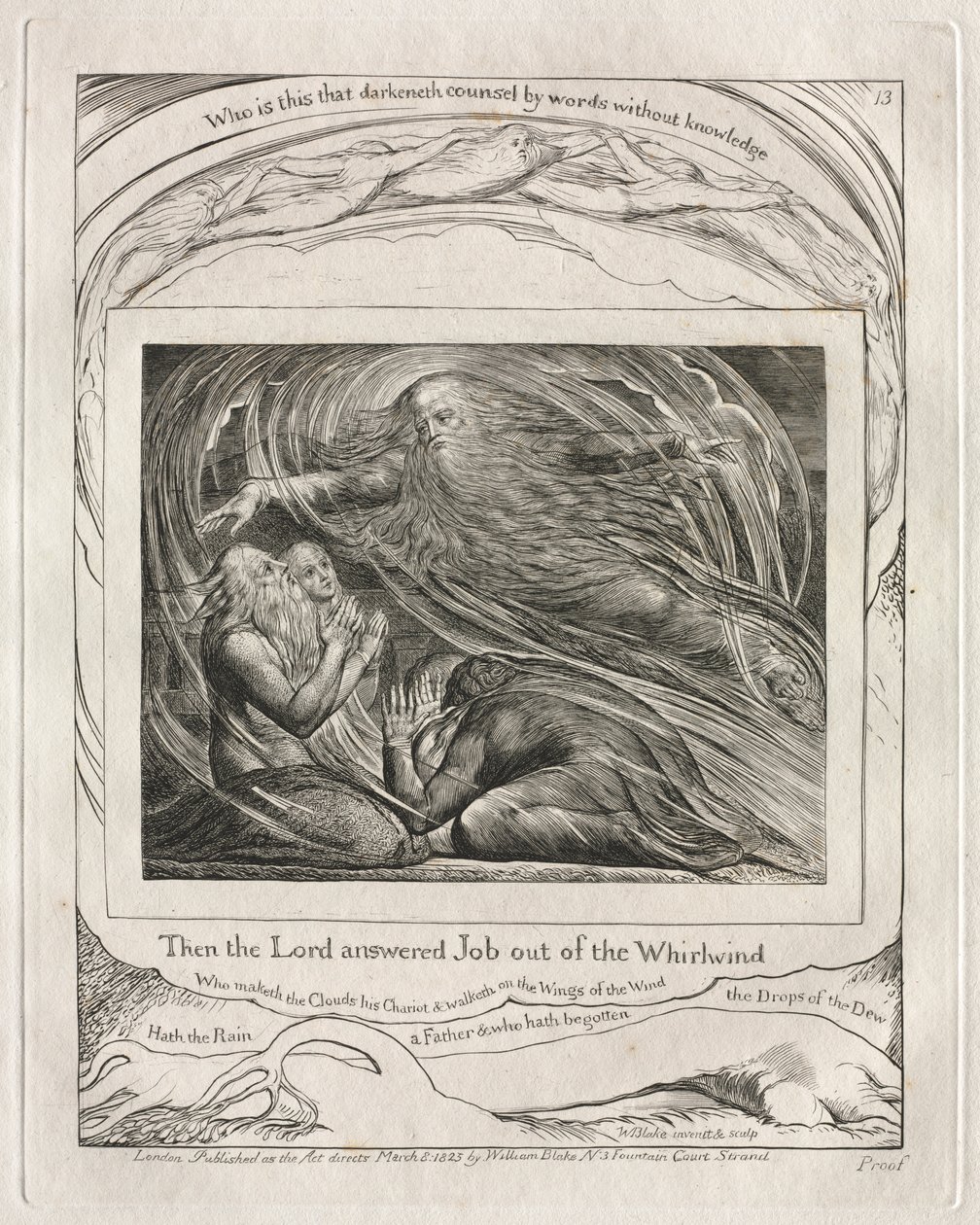 Jobs bok: Pl. 13, Da svarte Herren Job ut av virvelvinden, 1825. av William Blake