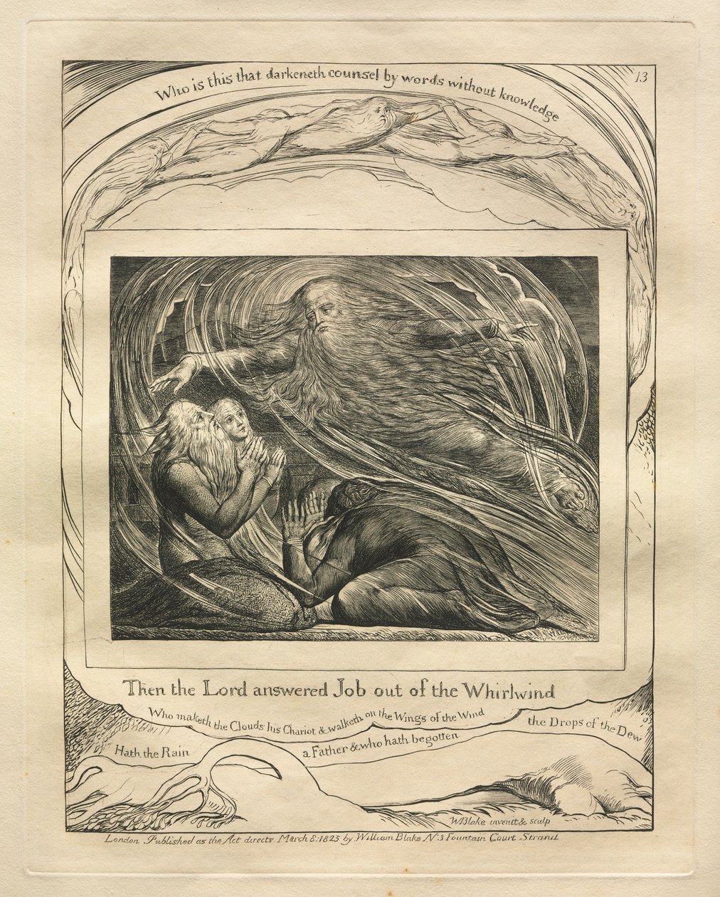 Jobs bok: Pl. 13, Da svarte Herren Job ut av virvelvinden, 1825. av William Blake