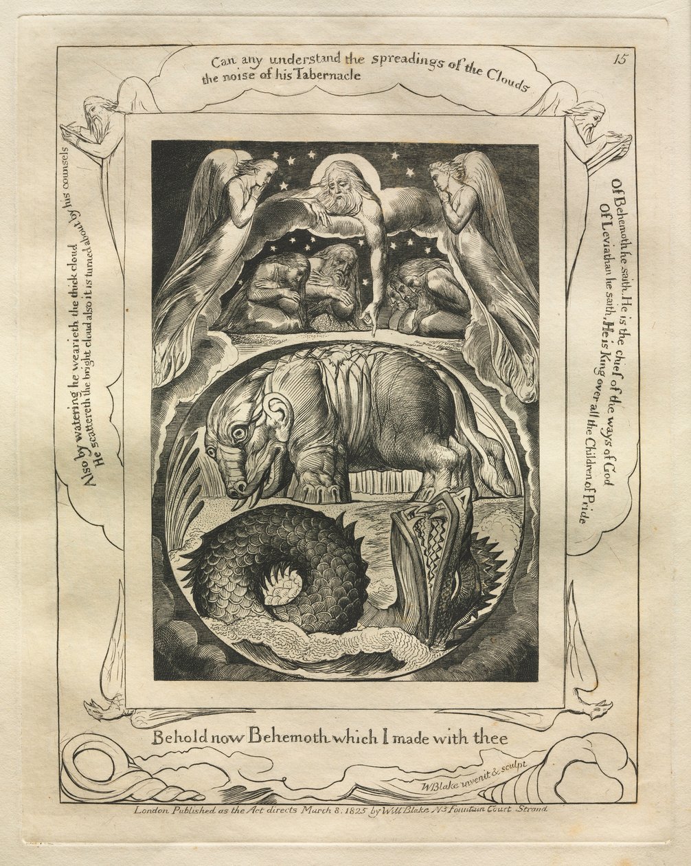 Jobs bok: Pl. 15, Se nå Behemoth som jeg laget med deg, 1825. av William Blake