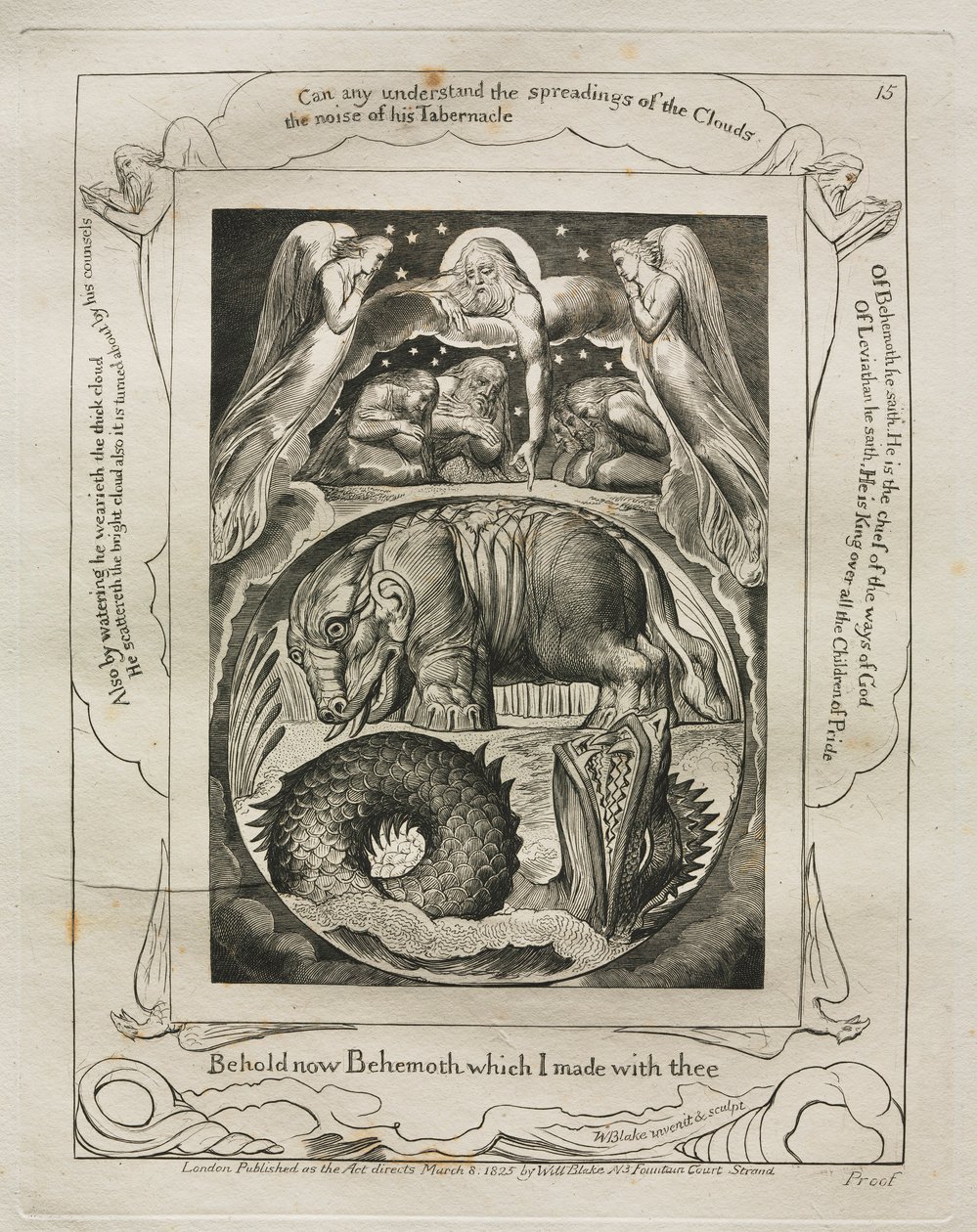 Jobs bok: Pl. 15, Se nå Behemoth som jeg laget med deg, 1825. av William Blake