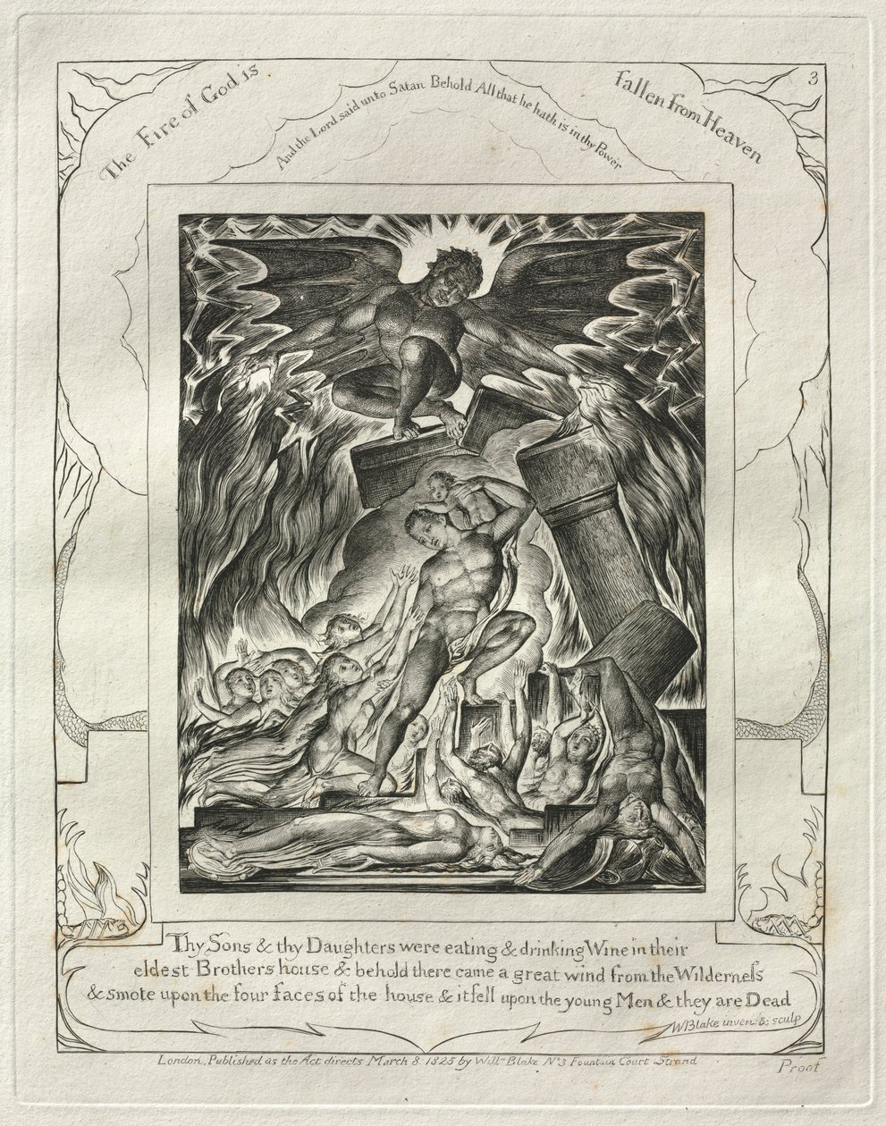 Jobs bok: Pl. 3, Dine sønner og dine døtre spiste og drakk vin..., 1825. av William Blake