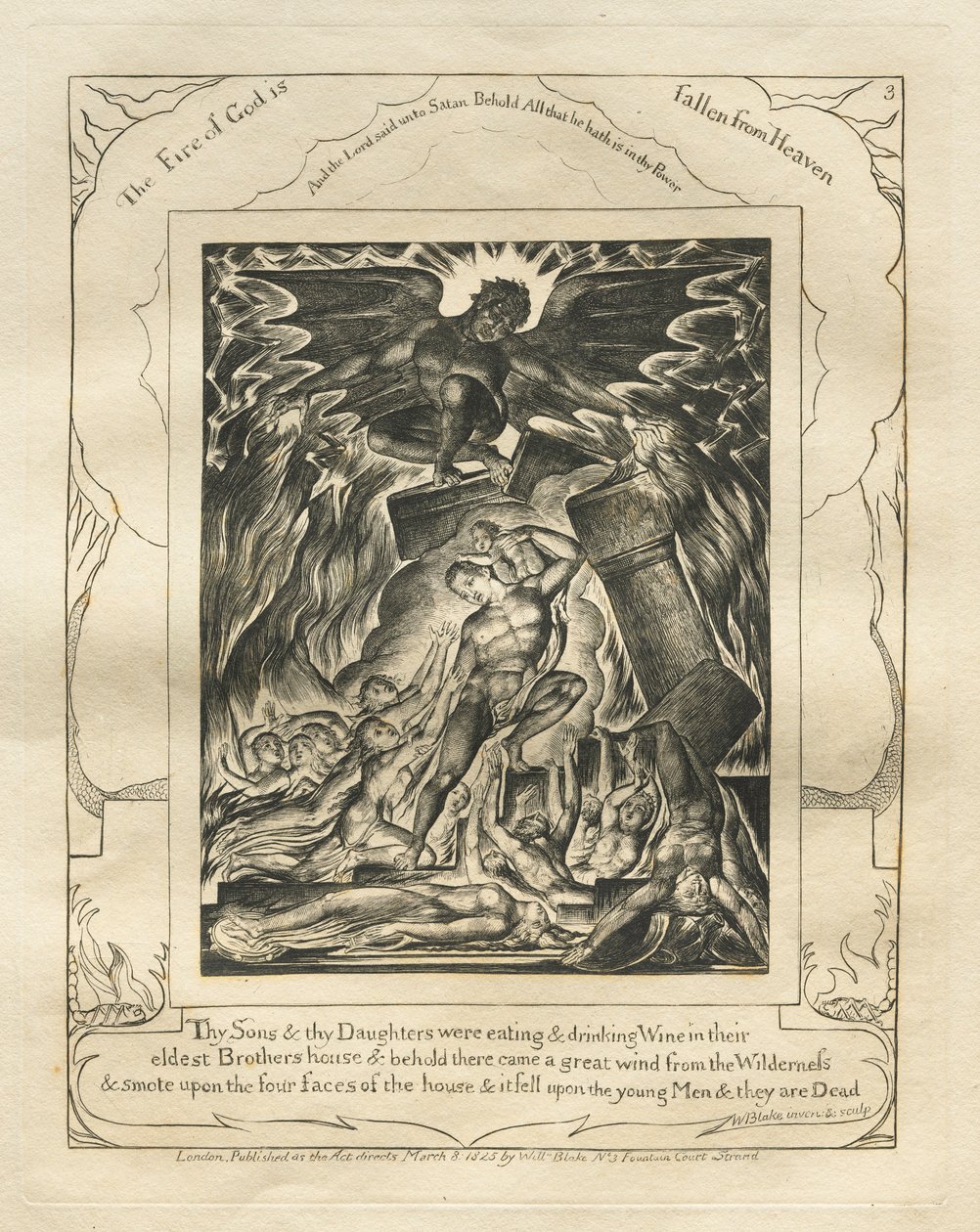 Jobs bok: Pl. 3, Dine sønner og dine døtre spiste og drakk vin..., 1825. av William Blake
