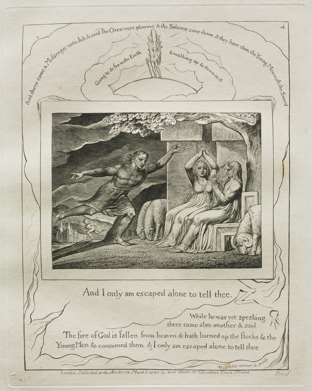 Jobs bok: Pl. 4, Og jeg er bare rømt alene for å fortelle deg, 1825. av William Blake