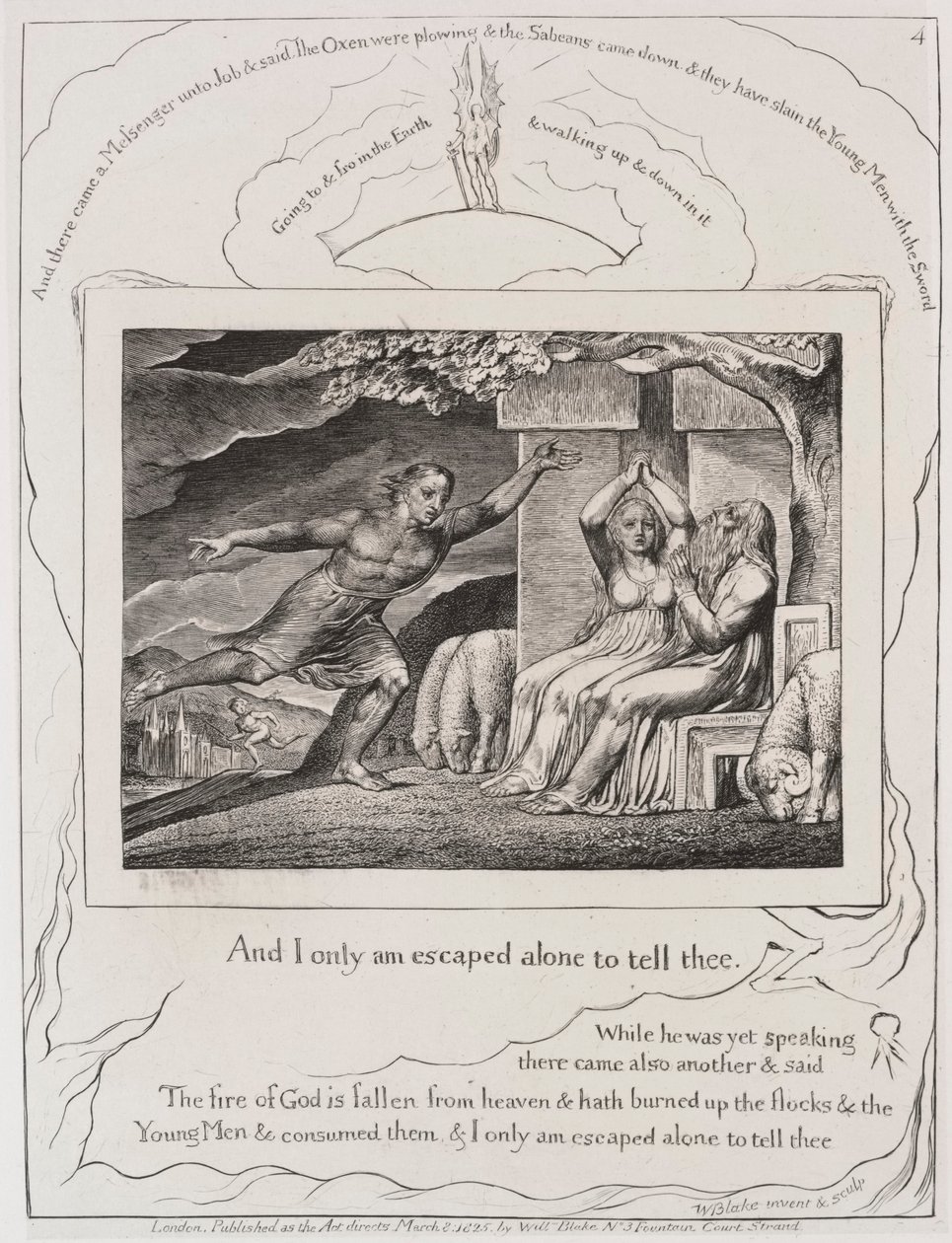 Jobs bok: Pl. 4, og jeg er bare rømt alene for å fortelle deg, 1825. av William Blake