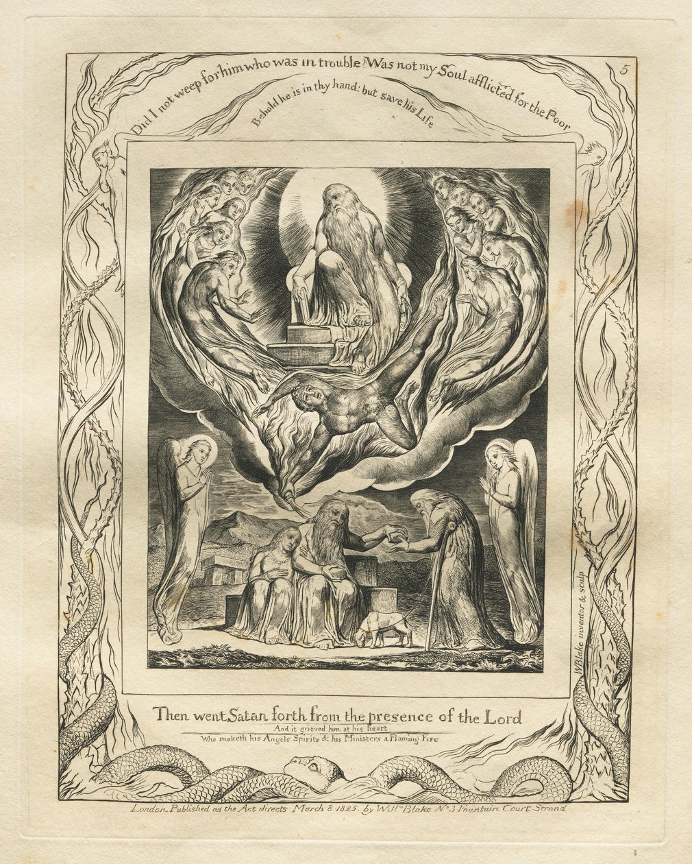 Jobs bok: Pl. 5, Så gikk Satan ut fra Herrens nærhet, 1825. av William Blake