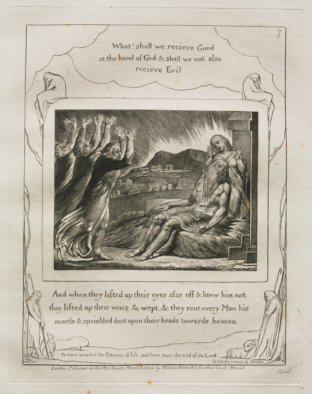 Jobs bok: Pl. 7, Og da de løftet øynene langt borte og kjente ham ikke..., 1825. av William Blake