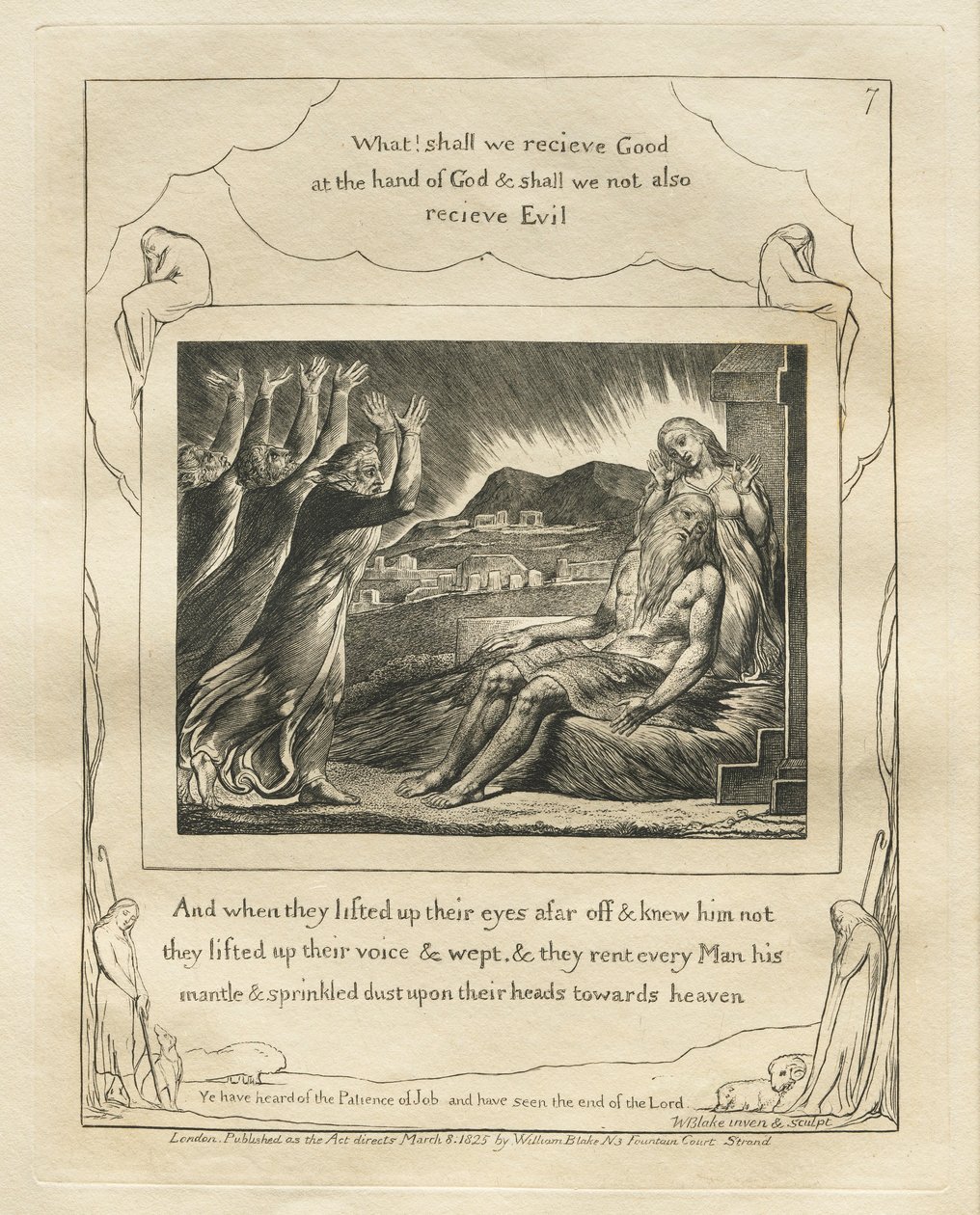 Jobs bok: Pl. 7, Og da de løftet øynene langt borte og kjente ham ikke..., 1825. av William Blake
