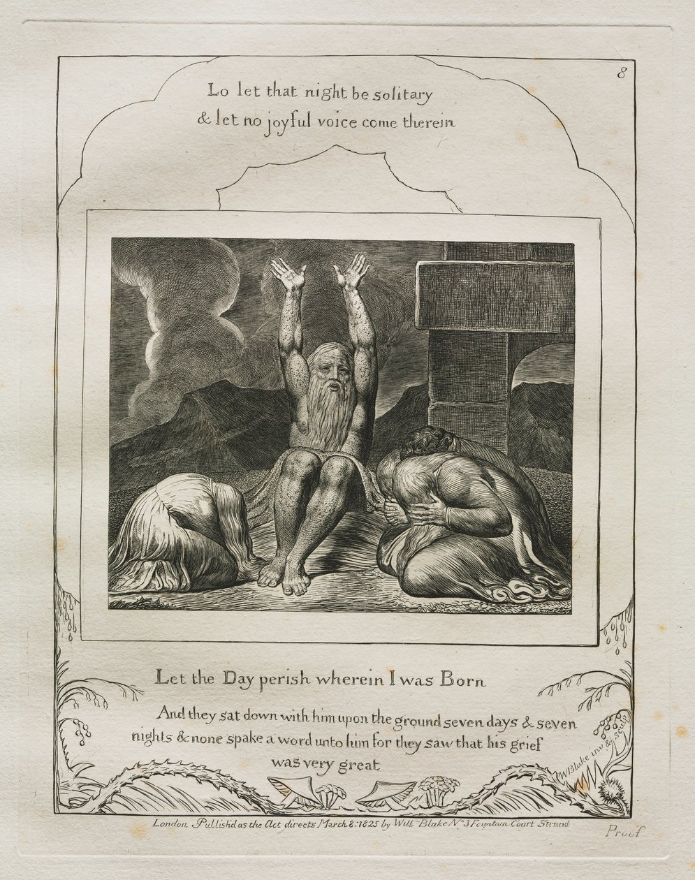 Jobs bok: Pl. 8, La dagen forgå der jeg ble født, 1825. av William Blake