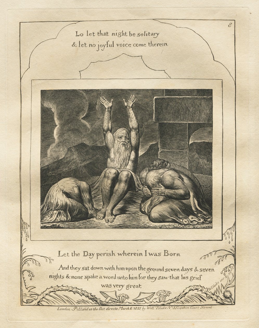 Jobs bok: Pl. 8, La dagen forgå der jeg ble født, 1825. av William Blake