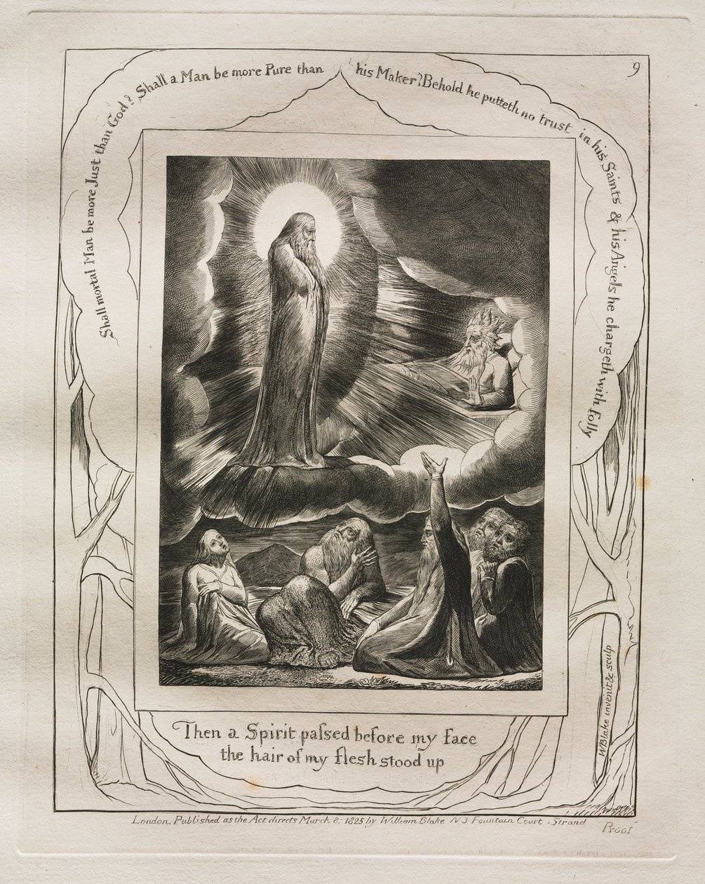 Jobs bok: Pl. 9, Så gikk en Ånd foran mitt ansikt, håret på mitt kjød reiste seg, 1825. av William Blake
